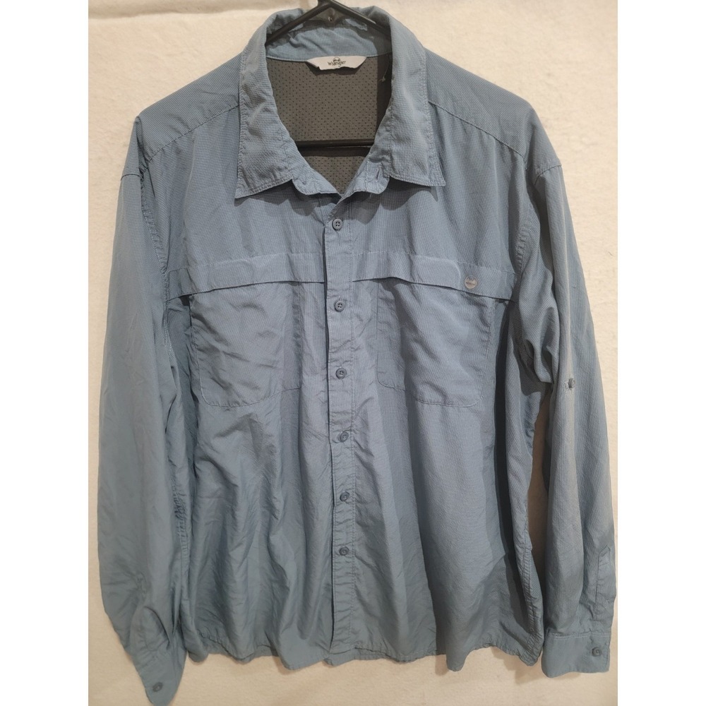 Wrangler Mens XL Outdoor Shirt Slate Blue Micro Check Long Sleeve Roll Tab Hike